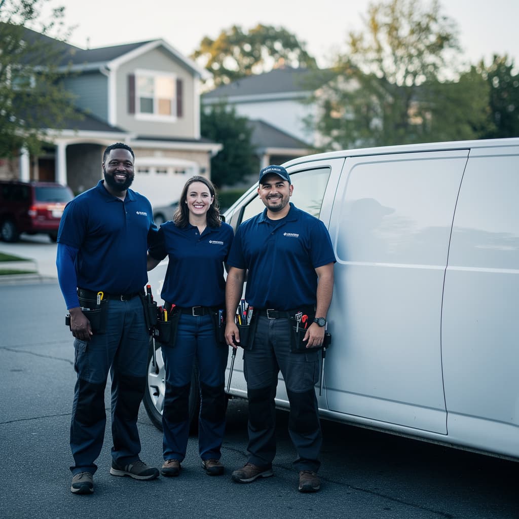 A small crew standing beside their work truck