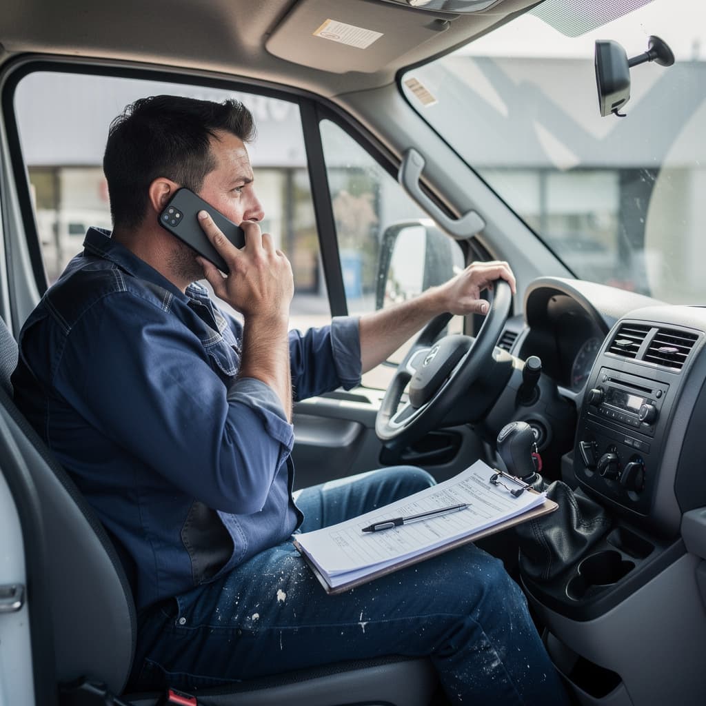 A business owner taking a call between jobs